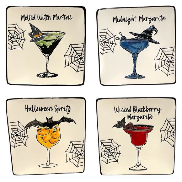 Spooky Street Set Of 4 Halloween Canapé Plates With Different Themed Cocktails - Picture 1 of 9